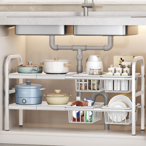 Adjustable Under-Sink Storage Rack, 2-Tier, Extendable, Kitchen Storage, Under-Sink Storage Rack, Kitchen Storage, Under-Sink Storage, Organizing Smal