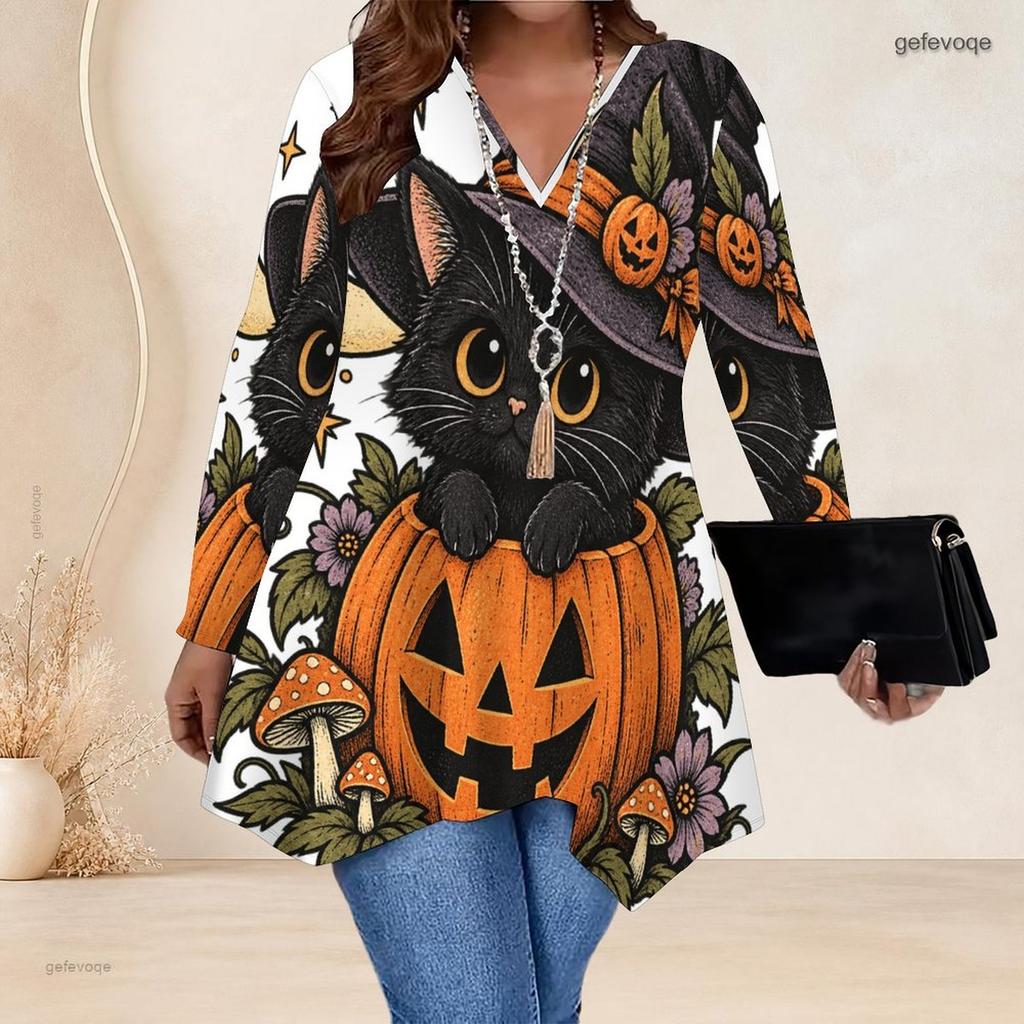 Plus Size Women V Neck Long Sleeve Loose Casual Top Featuring Irregular Split Hem