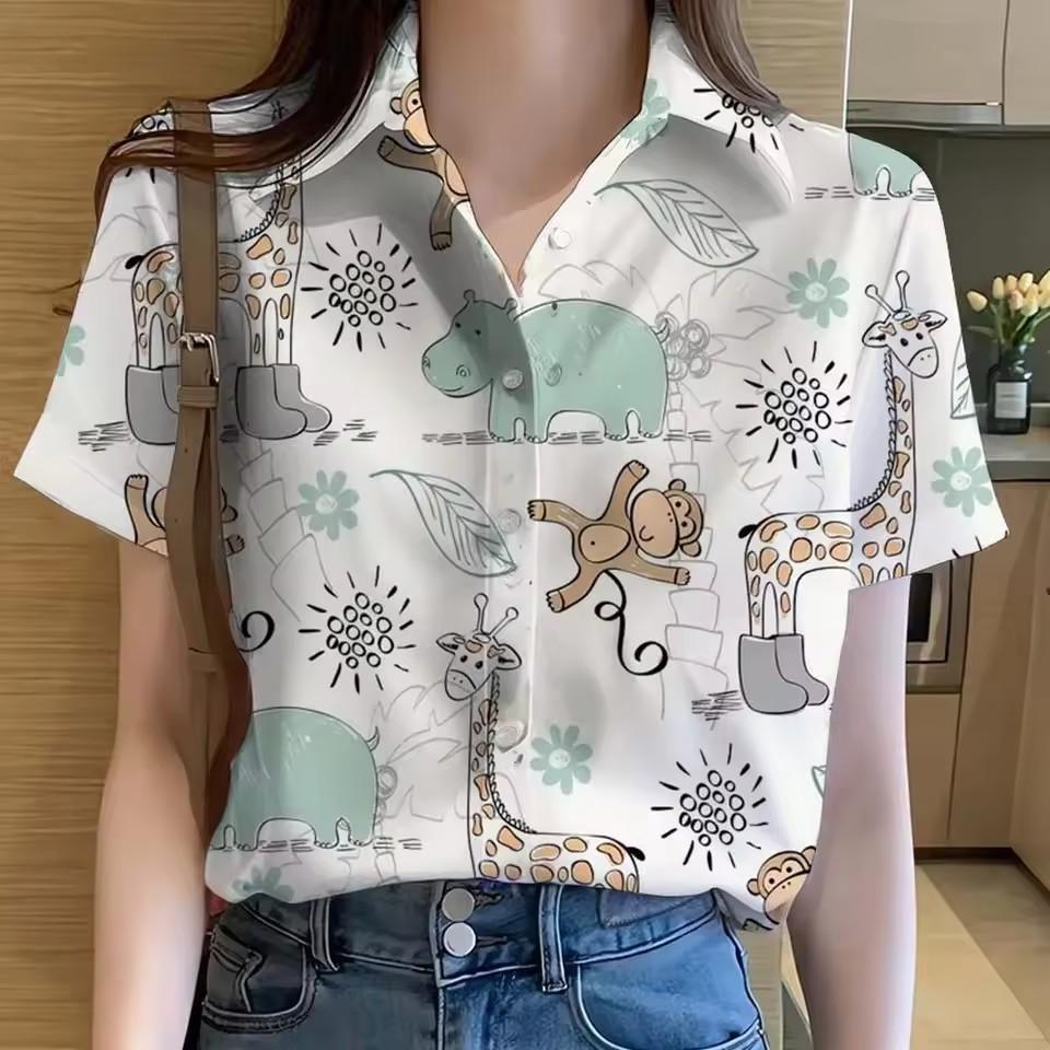 New Spring Wome Blouses Fashion Abstract 3D Marble Printed Shirts Casual Button Short Sleeve Loose Shirt Elegant Summer Top