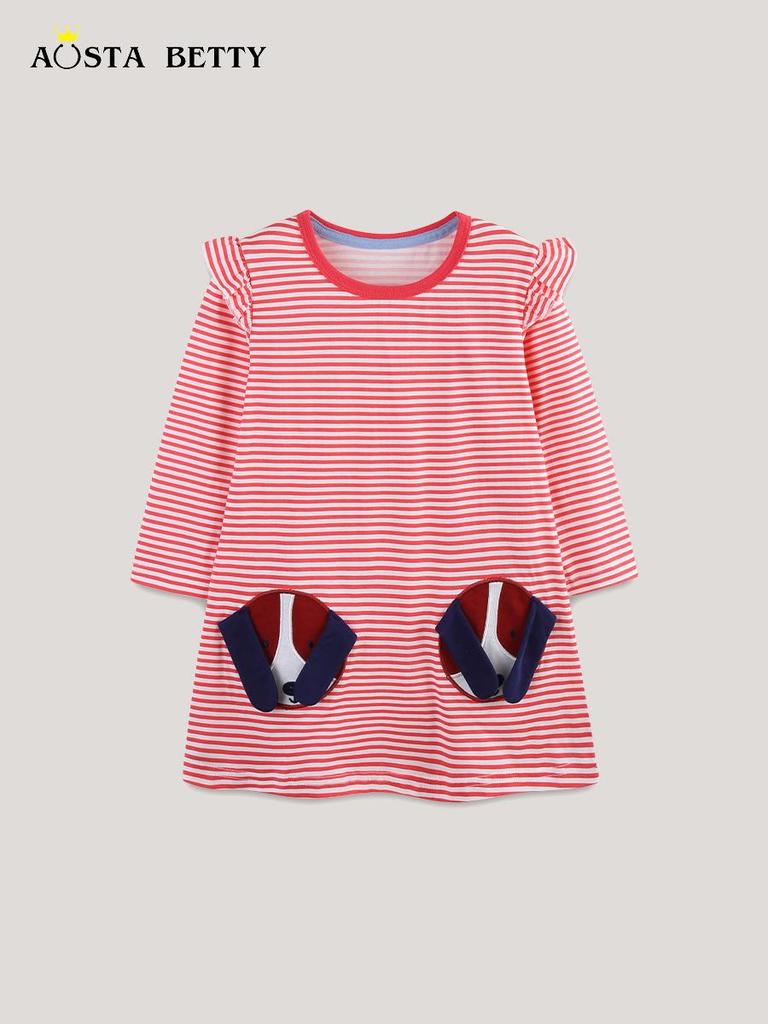 Autumn European Style Girls' Striped Princess Dress with Dog Patch