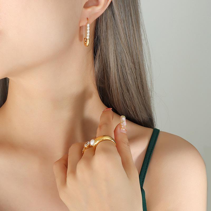 European & American Retro Style Paperclip Faux Pearl Titanium Steel 18K Gold-Plated Earrings