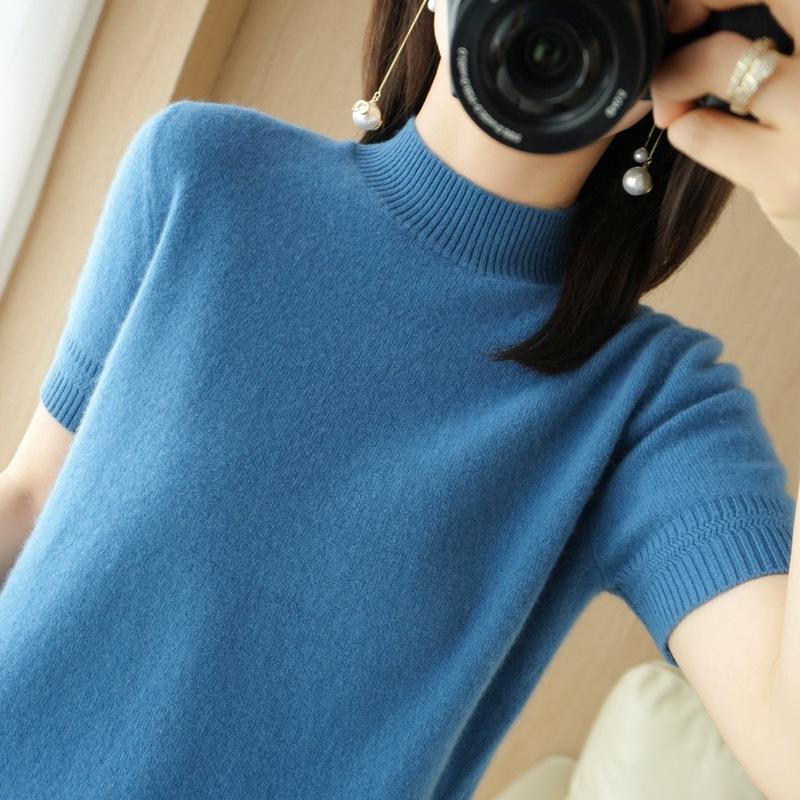 Women's Wool Blend Half High Neck Short Sleeve Sweater