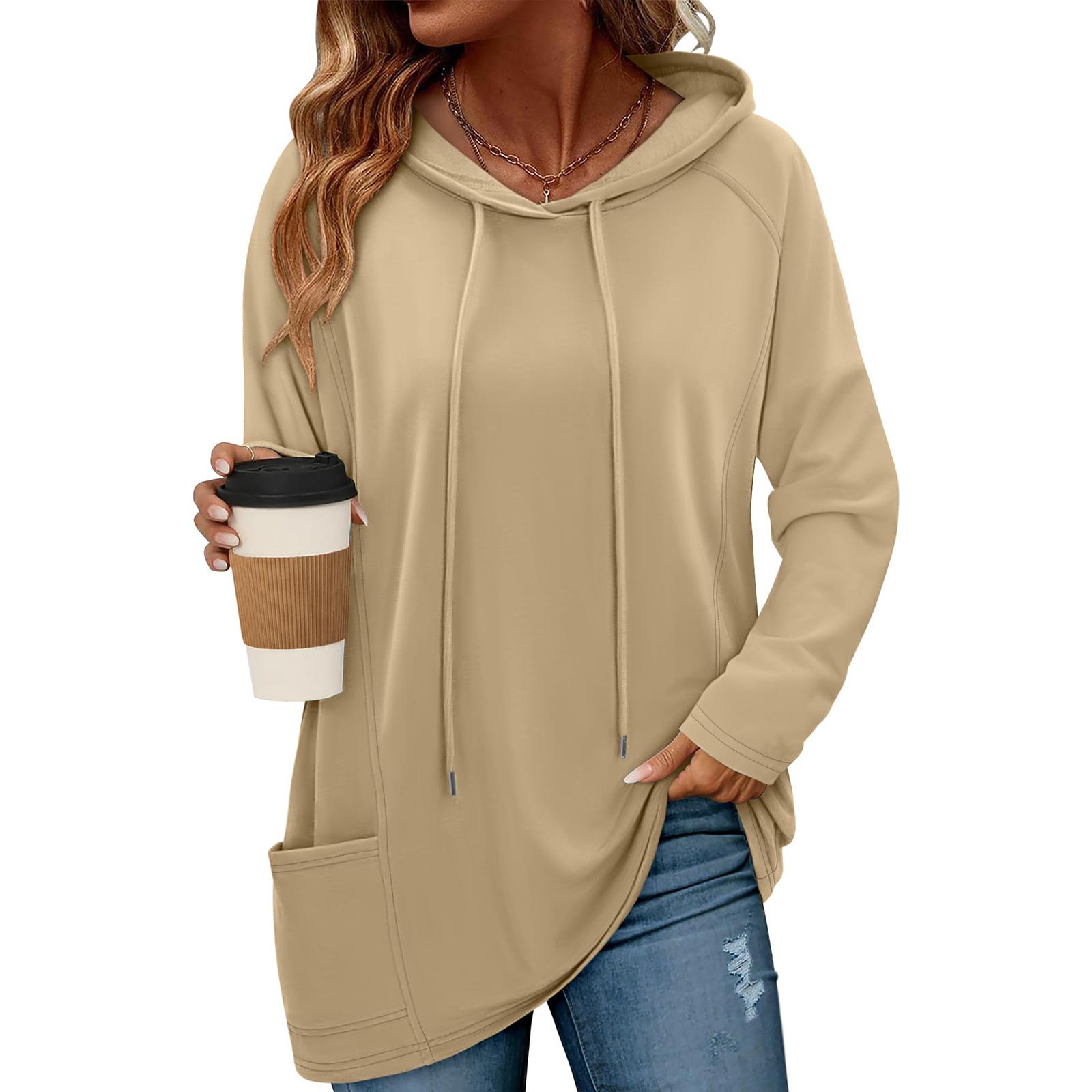 Женская модная однотонная повседневная толстовка с капюшоном и карманом с длинным рукавом XXL хаки 2940₽