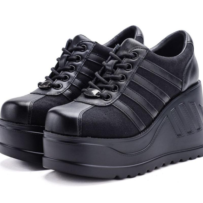 Platform Shoes Single Shoes Women's Goth Punk Style Lace-up Big Head Shoes Muffin Sole Striped Small Leather Shoes