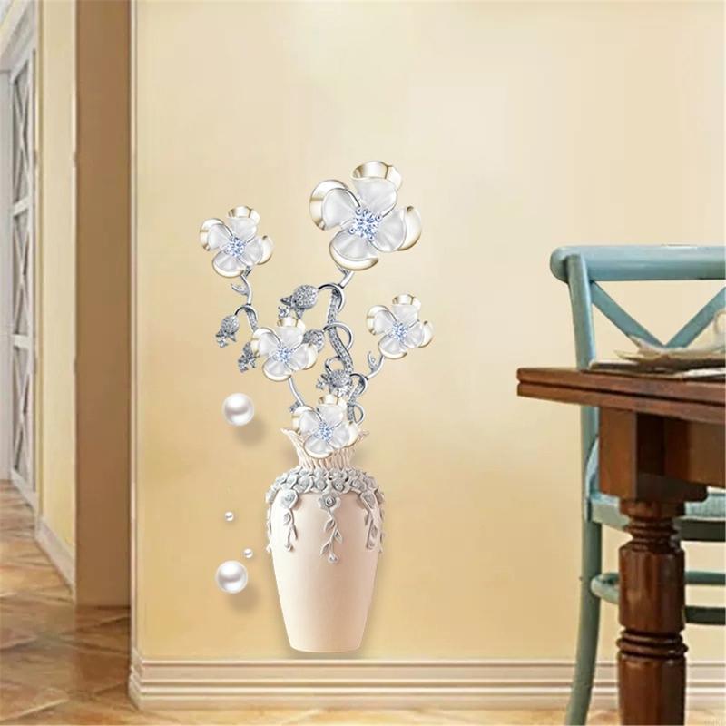 62KD Elegante Vierblättrige Blume Vase PVC Wandaufkleber Klebender Wandaufkleber Heimdekoration Upgrades Für Modernes Interieur