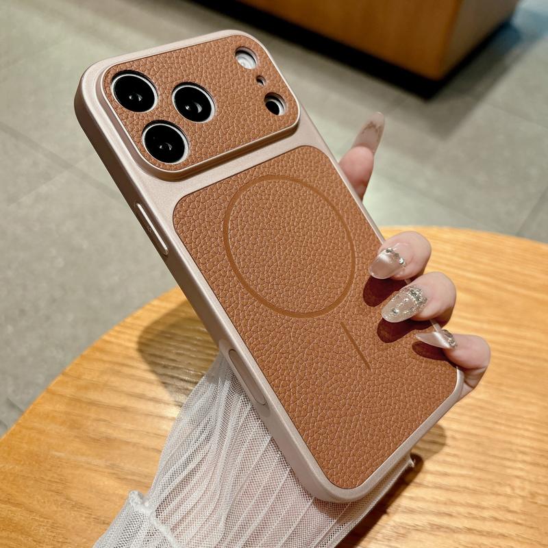 Luxury Lychee Pattern Leather Case For iPhone 17 16 15 14 13 Pro Max 16Pro  Magsafe Wireless Charge Cover