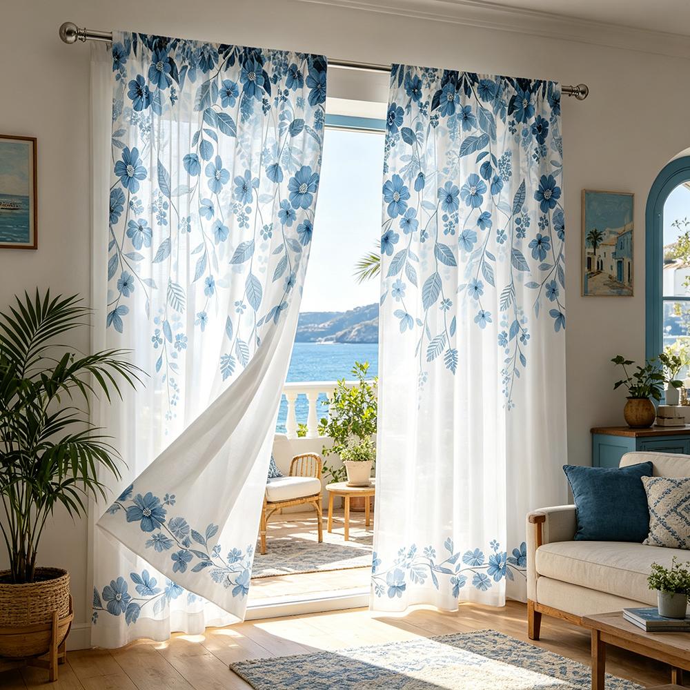 2PCS Blue White Branch Leaf Curtains, Botanical Nature Print, Window Drapes for Living Room Bedroom Home Decor