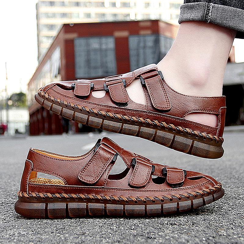 Men's Large Closed-Toe Handmade Leather Sandals, Breathable & Perforated for Beach