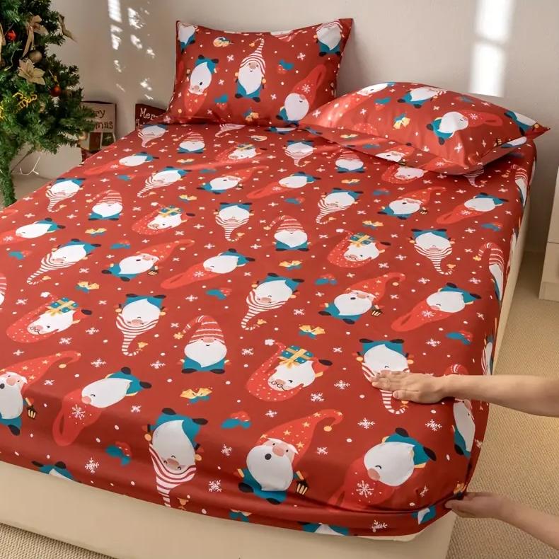 3 Pieces Festive Christmas Bed Sheet Set with White Background and Elderly Santa Hats - Includes Pillow Cases - Machine Washable