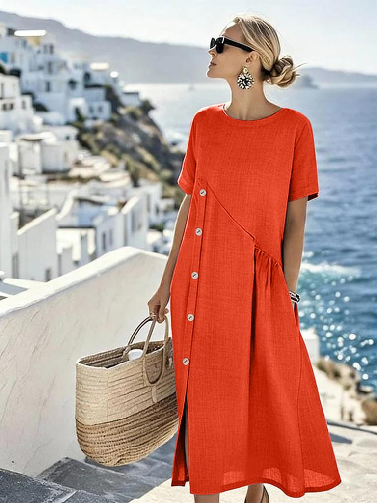 Neues Kleid lässig Knopfdekoration Rafftasche mittellanges Kleid