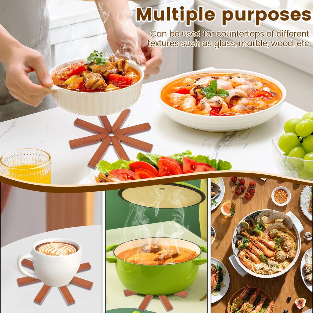 Tree Trivet Set Wooden Foldable Kitchen Trivet with Utensil Holder Heat Resistant Desktop Protective Pad for Hot Dishes Pot Bowl