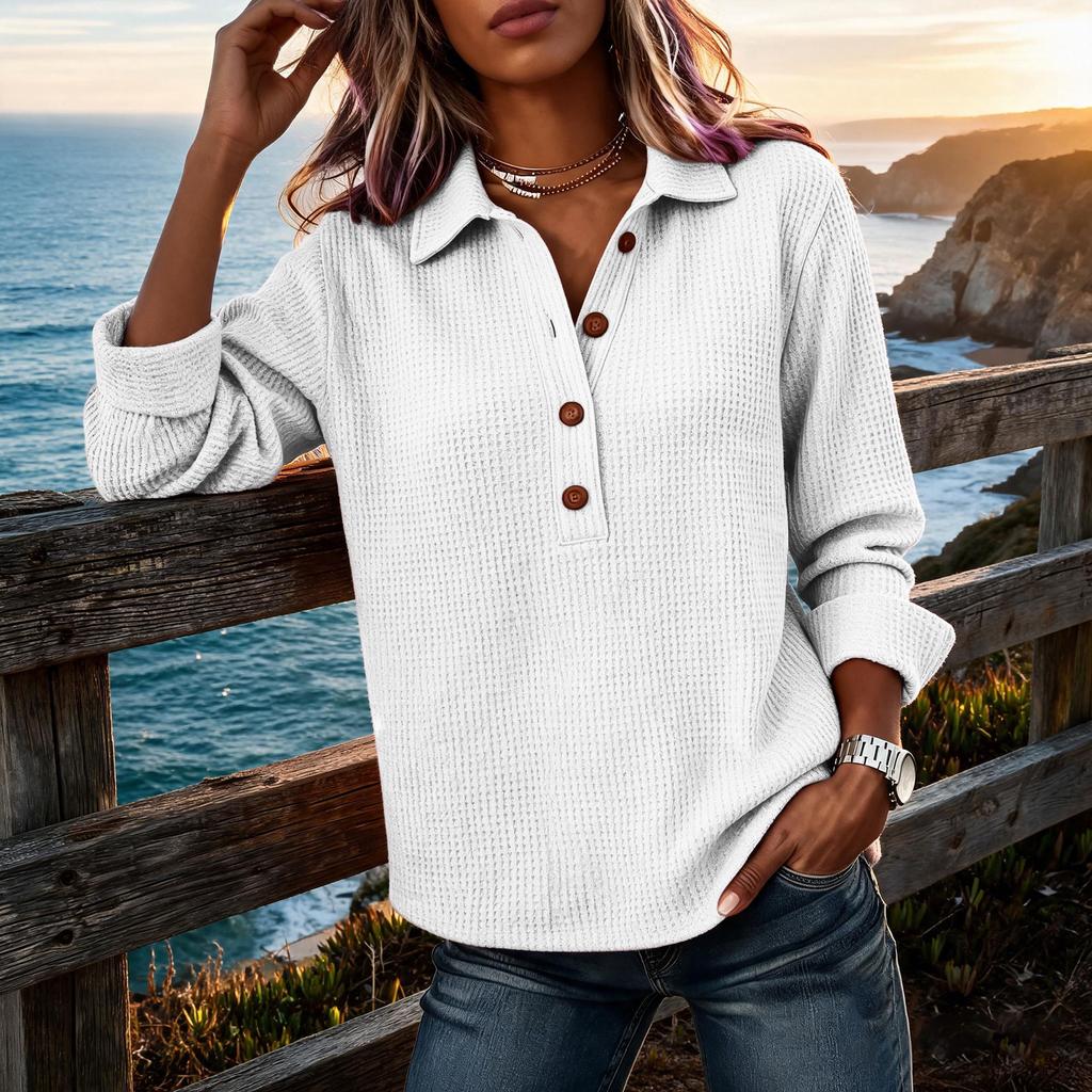 Women's Long Sleeve Knit Top Button Front Color Casual Loose Fit Blouse