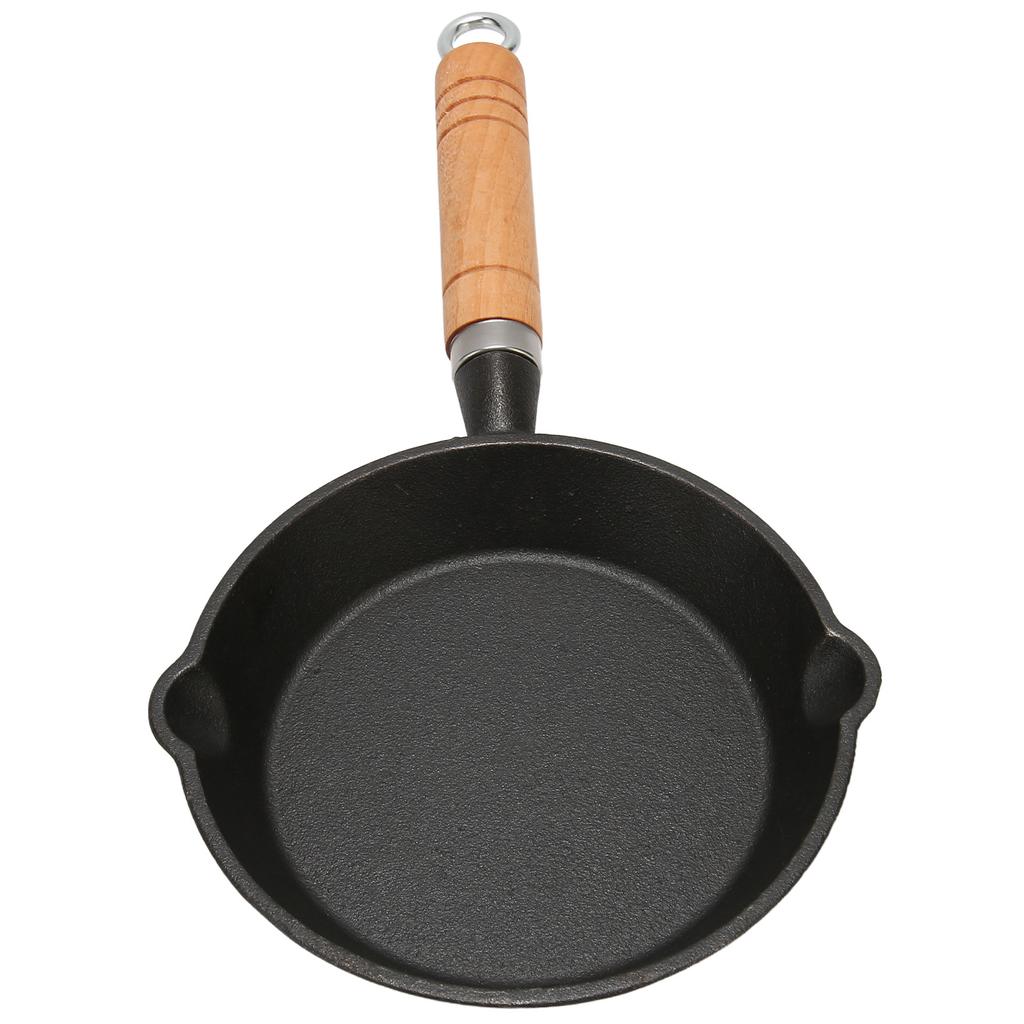 Frying Pan Cast Iron Skillet Drip Spouts Wooden Handle Stain Resistant Quick Heat Easy To Clean Cook Pan