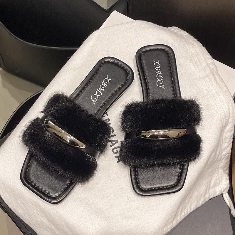 Fashion Aphixta Flat With Furry Women Slippers Outside Modern Slides Shoes Metal Dec Soft White Fur Slippers Fashion Woman Shoes