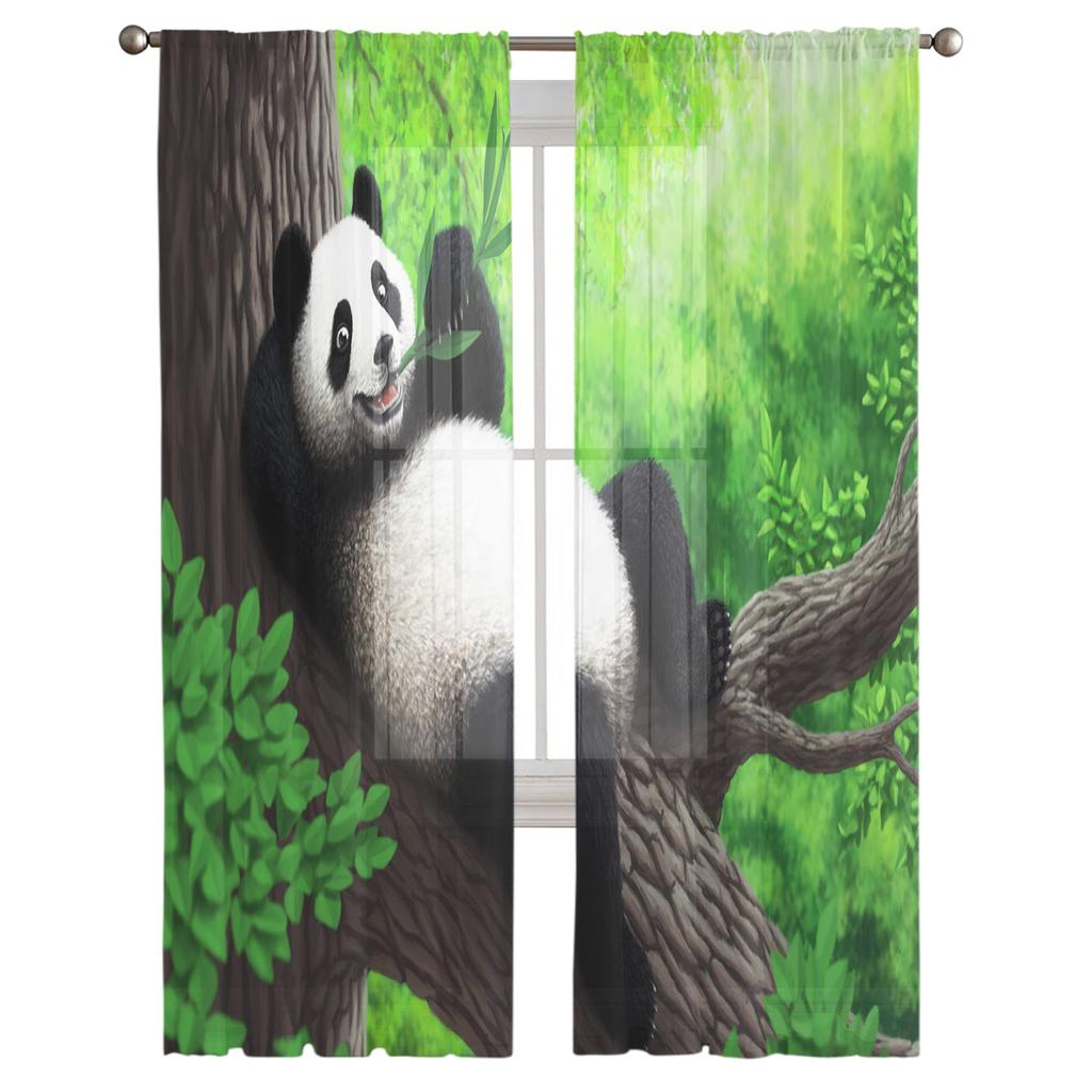 Panda Green Forest Bamboo Cute Sheer Curtains For Living Room Bedroom Kitchen Window Voile Drapes Home Decor