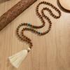 Fashionable Retro Long Wooden Bead Mixed with Turquoise Beaded Tassel Y-shaped Women's Necklace for Daily Wear