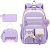Set Zaino Viola 3 Pezzi: Zaino Scolastico, Borsa Pranzo e Borsone per Libri per Studenti