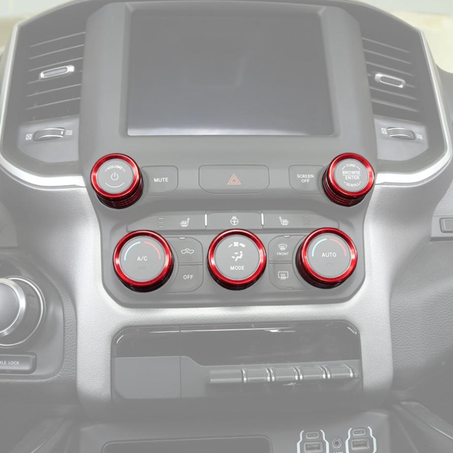 For Dodge Ram 1500 2019-2025 Red Interior A/C Radio Switch Knob Cover Trim Ring