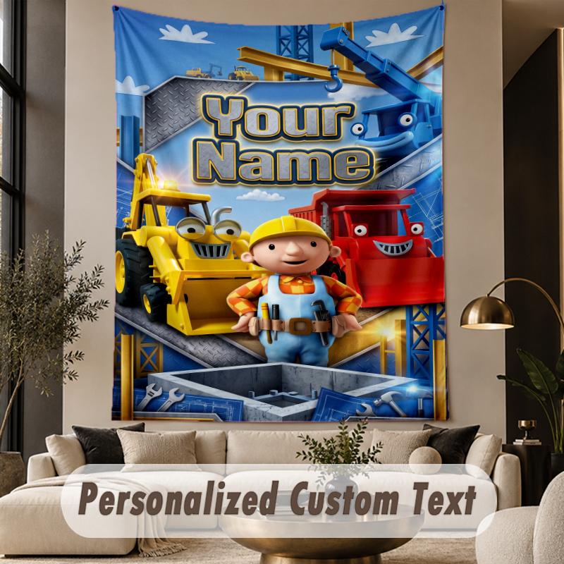 Custom Text Printed Tapestry Bob the Builder Pattern Large Wall Hanging Indoor Room Decor