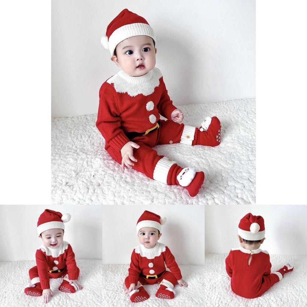 Adorable Christmas Baby Knitted Romper Jumpsuit Outfit W/ Santa Claus Sweater Hat