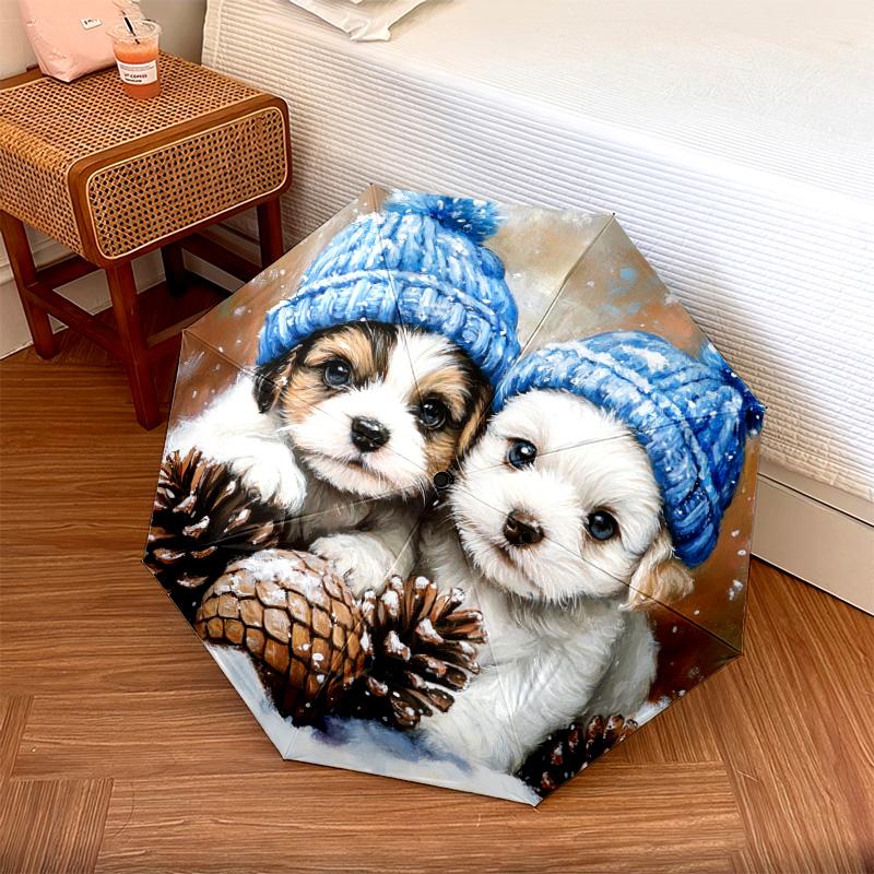 1 Stück Automatischer Faltregenschirm - Süßes Hundemuster, Tragbares & Faltbares Design mit 8 Speichen, Weihnachts- und Geburtstagsgeschenke