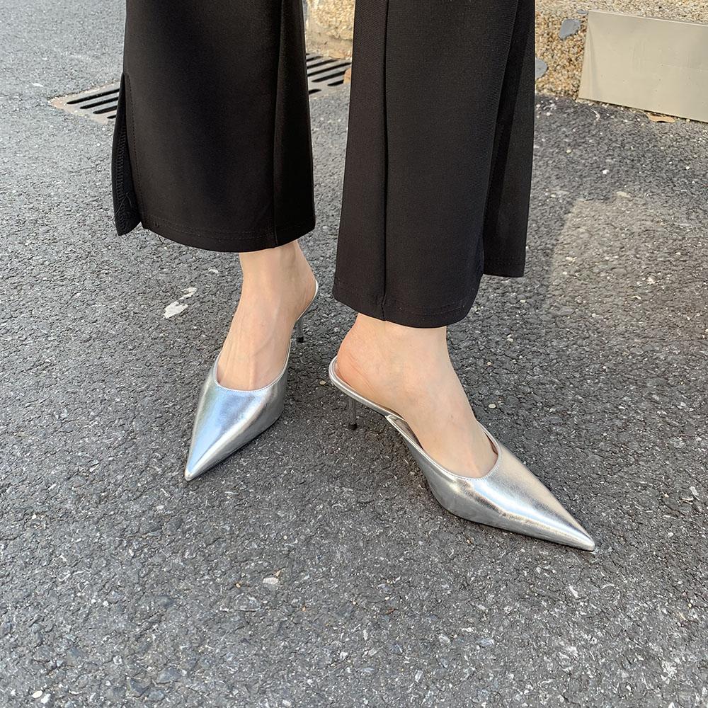 Fashion Pointed Toe Women Slides Slippers Outside Mules Shoes Black Gold Silver White Thin High Heels Summer Outside Mules Shoes Office