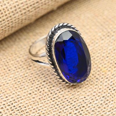 Blauer Saphir-Edelstein, handgefertigter Ringschmuck aus 925er Sterlingsilber für Weihnachten