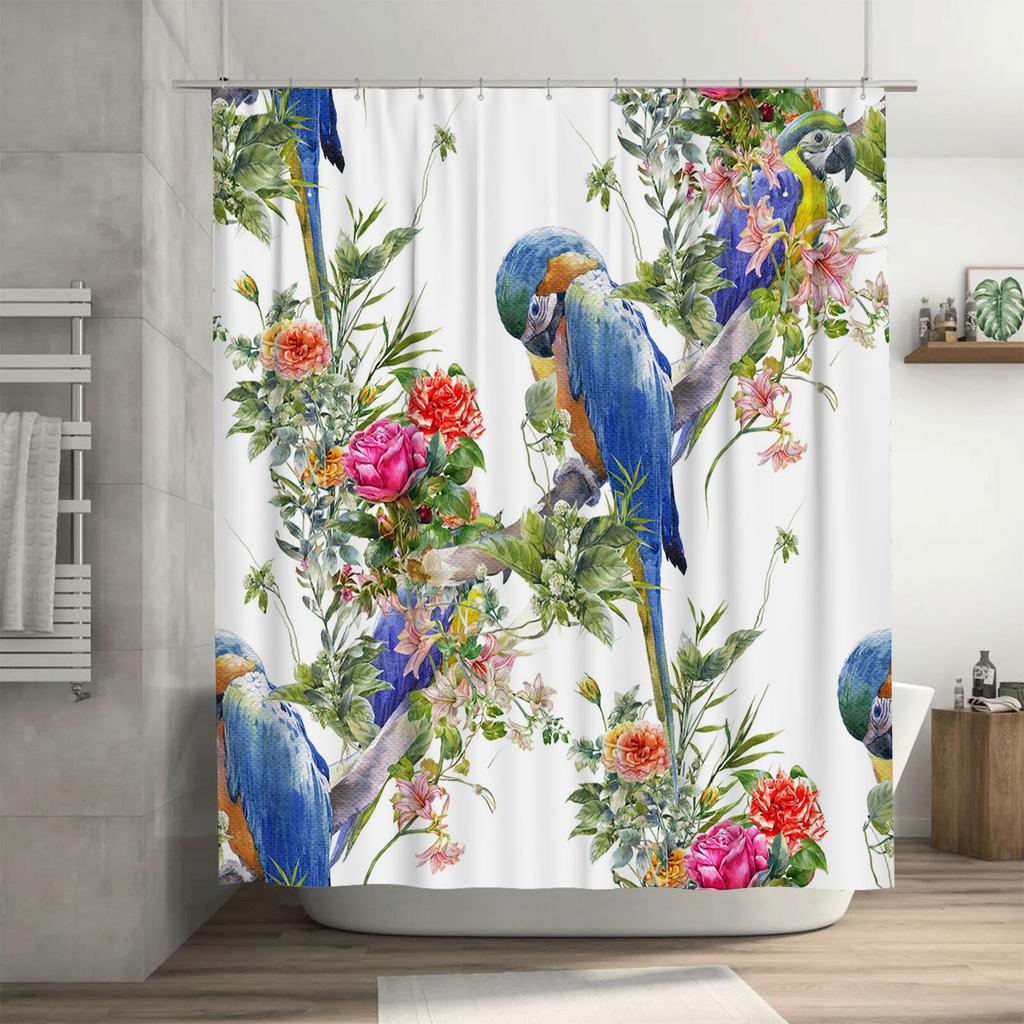 Parrot Bath Shower Curtain Print Home Decor Waterproof Fabric Shower Panels for Bathroom Decoration Blue Parrot Flowers Design