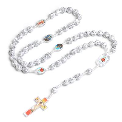 Religion Weiß Rosenkranz Halskette Für Frauen INRI Kruzifix Kreuz Anhänger Rosenperlen Kette Halskette Weiblicher Gebetsschmuck