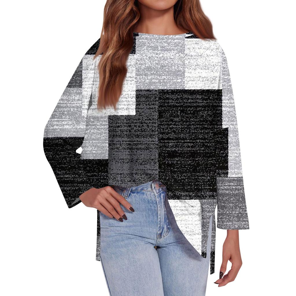 Women's Fashion Oversized Loose T-Shirt Round Neck Long Sleeve Side Geometric Splicing Printed Casual Top