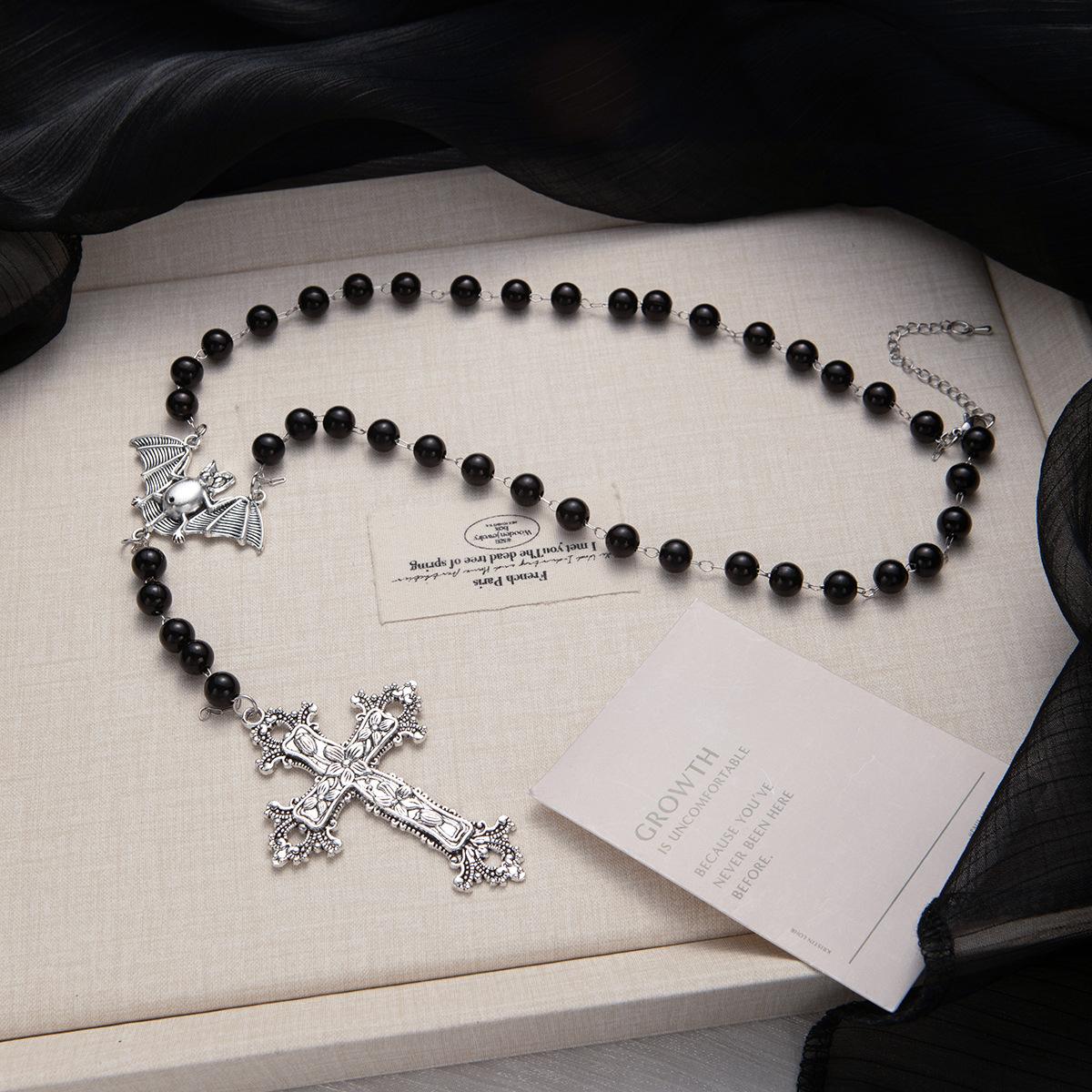 Dark Goth Style Sweet Cool Girl Necklace Long Beaded Bat Cross Niche Y2K Personality Punk Necklace