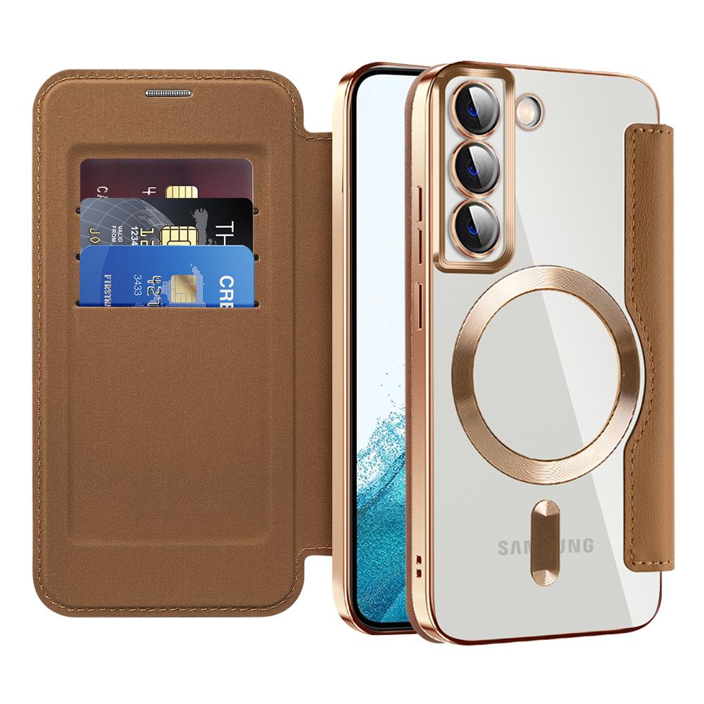 

Card Holder Phone Case for Samsung Galaxy S22 5G Compatible with MagSafe Leather+TPU RFID Blocking Phone Cover Brown