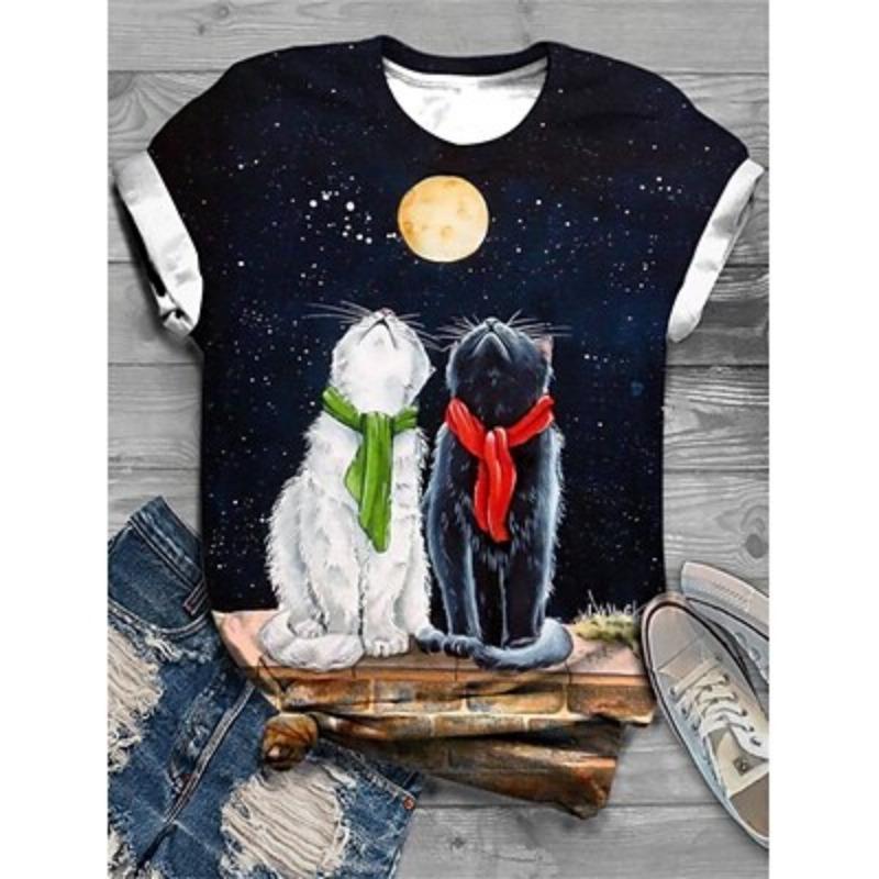 

Женская футболка с модным принтом кошки, короткий рукав, стандартный топ с круглым вырезом, повседневный, выходной, черный, желтый, темно-синий, бежевый, летний 2XL