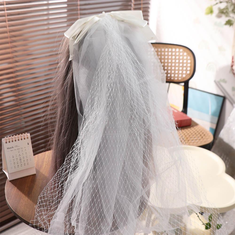 Gauze White Bridal Tulle Short Pearl Bow Veil Exquisite Wedding Bridal Veil Wedding Dress