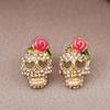 Retro Rhinestone Wearing Rose Flower Skull Head Stud Earrings For Women Men Halloween Hollow Heart Eye Skeleton Earrings Jewelry