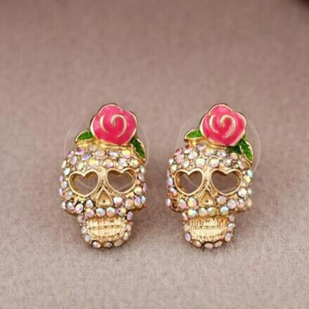 Retro Rhinestone Wearing Rose Flower Skull Head Stud Earrings For Women Men Halloween Hollow Heart Eye Skeleton Earrings Jewelry