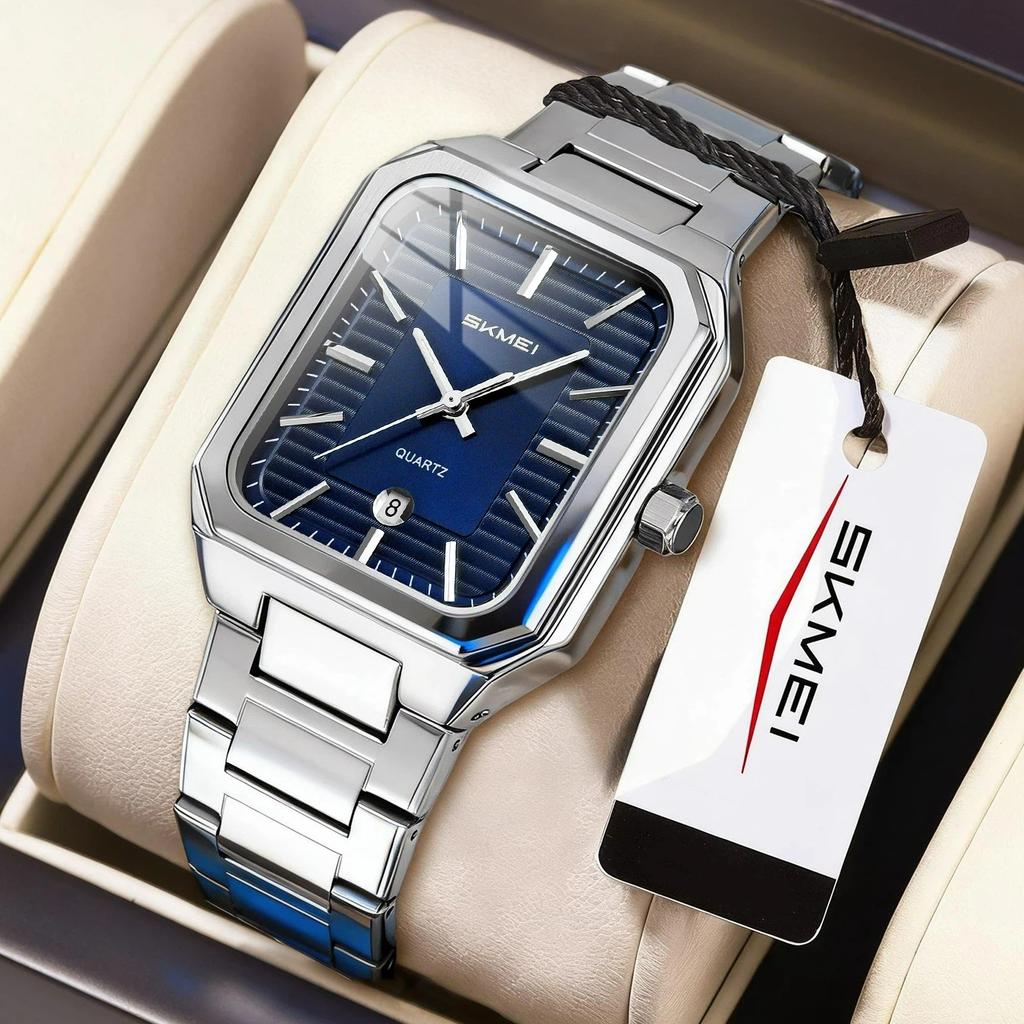 SKMEI Luxury Business Square Quartz Watches Classic Stripe Design Dial with Stainless Steel Band Wristwatch for Men
