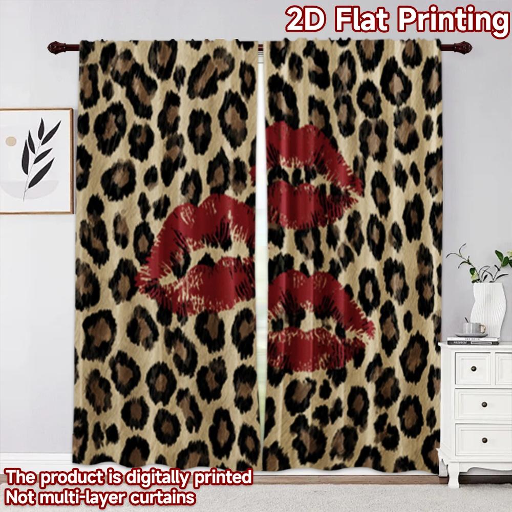 2D Flat Printing 2pcs Curtain Window Curtains Leopard Print with Lips Digital Printed Polyester Drapes All Season Party &