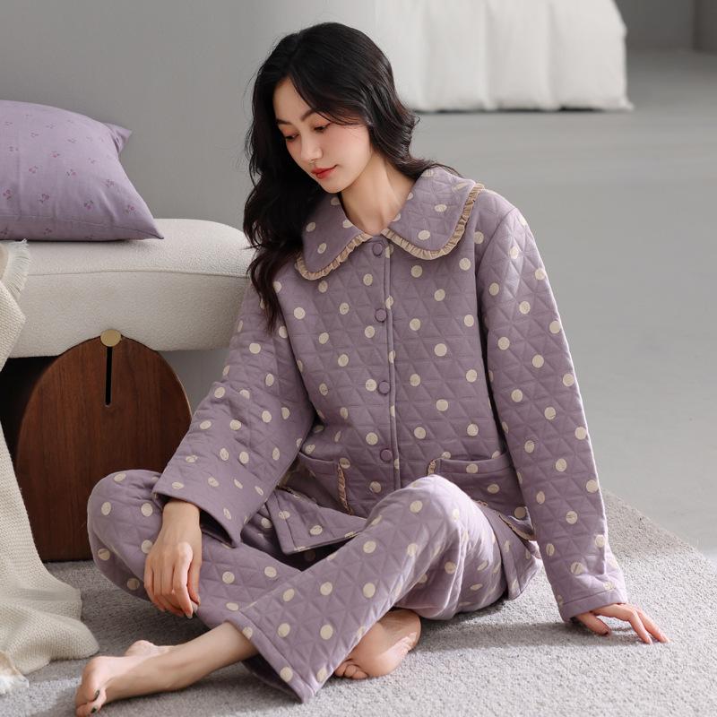 Air Cotton Pajamas Women'S Pure Cotton Long Sleeves Autumn And Winter Thickened Warm Interlayer Large Size Polka Dot Mother Loungewear