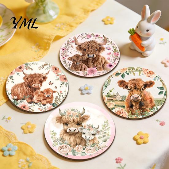 Scratch Resistant Desktop Pads Highland Cow Cork Coasters, Cute Floral Farmhouse Drink Mats with Decorative Home Kitchen Accessories Non-Slip