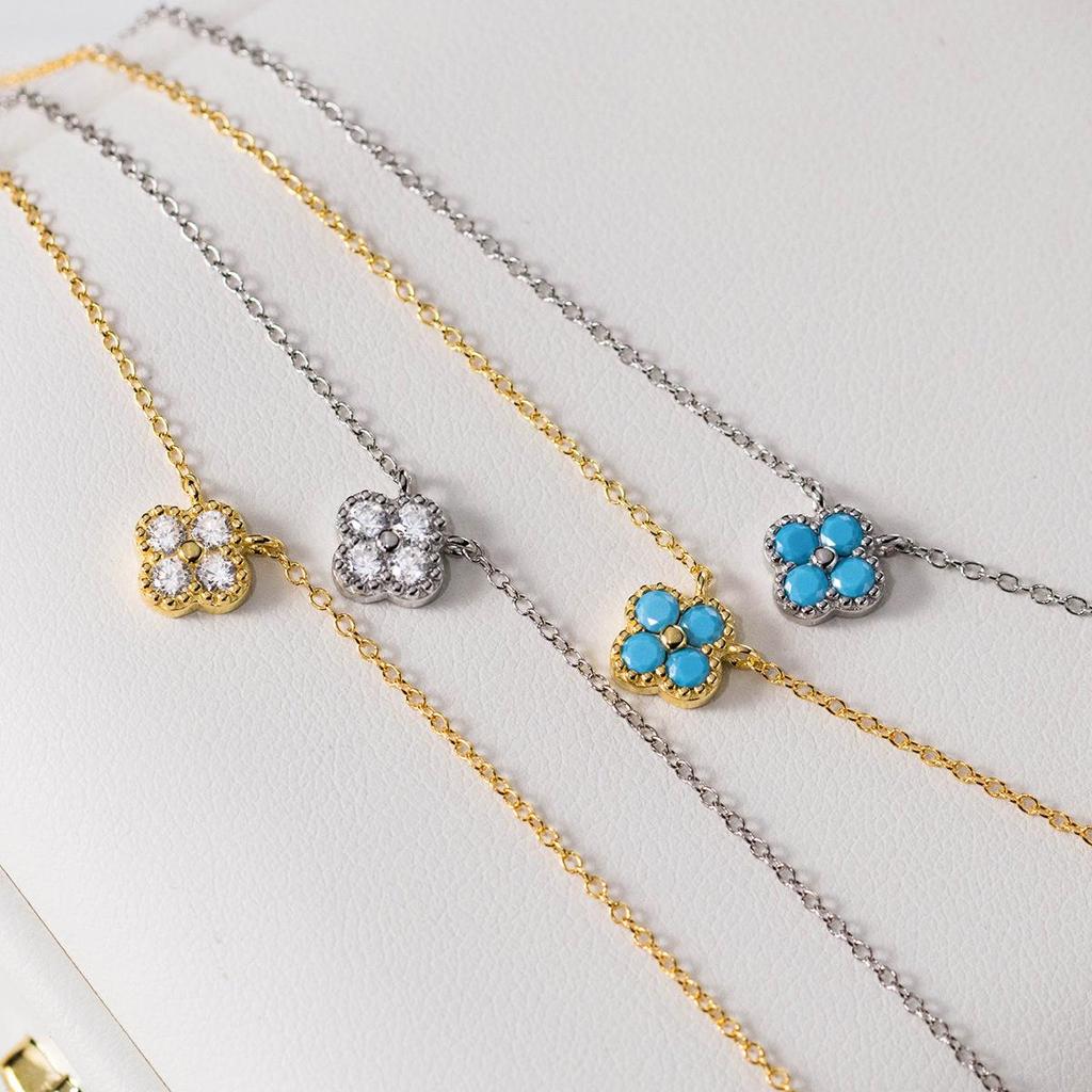 Zircon Multicolor Four-Leaf Clover Necklace for Women - Elegant Clavicle Chain with Blue Pendant