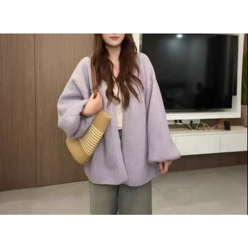 

Кардиган женский вязаный с рукавами-фонариками с узором коры, новинка начала осени, свободный и тонкий универсальный жакет в ленивом стиле, тренд one size fits all лавандовый