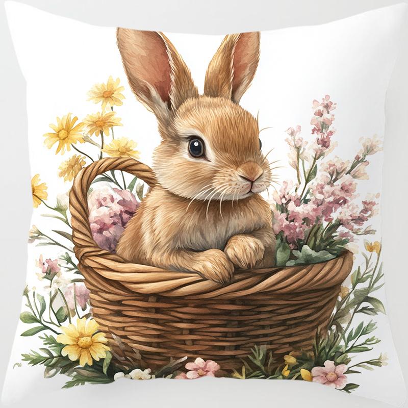 Pastel Easter Bunny Pillow Cover Cute Rabbit Basket Print Cushion Case Holiday Home Decor for Party Gift