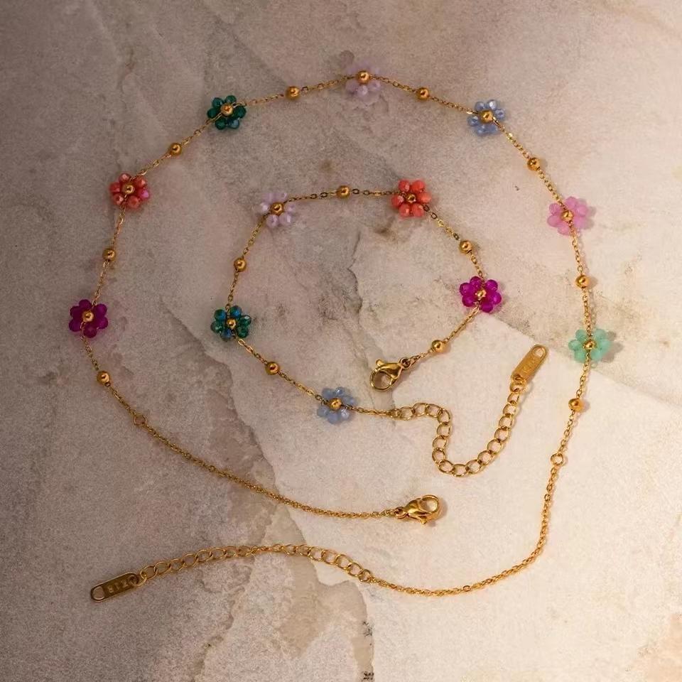 Colorful Flower Chain Stainless Steel Necklace Bracelet Set Plating Waterproof Zircon For Ins Exquisite Zircon