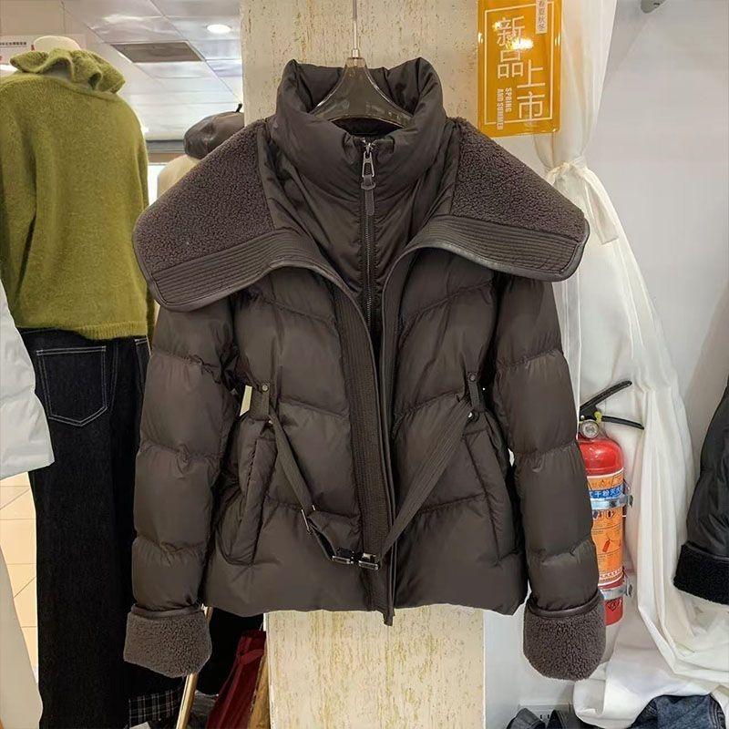 Lamb Wool Spliced Cotton Jacket With Belt Women's Autumn Winter Stand Collar Thick Short Outwear Long Sleeved Warm Coat