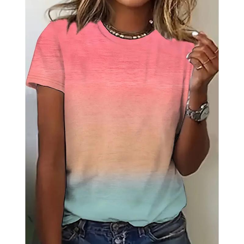 Women Summer T Shirt Retro Fashion Short Sleeve Tees Casual Gradient Printed  Tops