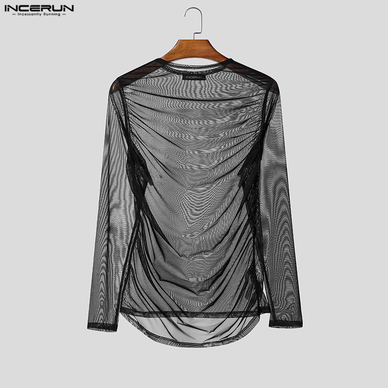 INCERUN Men Long Sleeve Ruffled See Through Mesh Party Tops T-Shirts