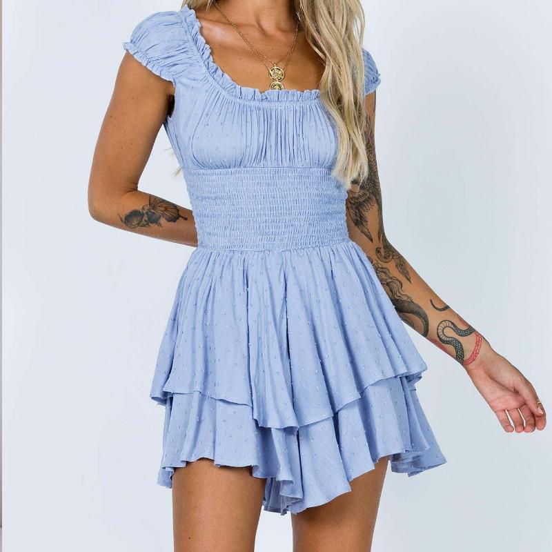 Off Shoulder Short Sleeve Lace Casual Dress Women Summer Slim Sexy Short Dress Woman High Waist Layered Ruffle Dresses 27780