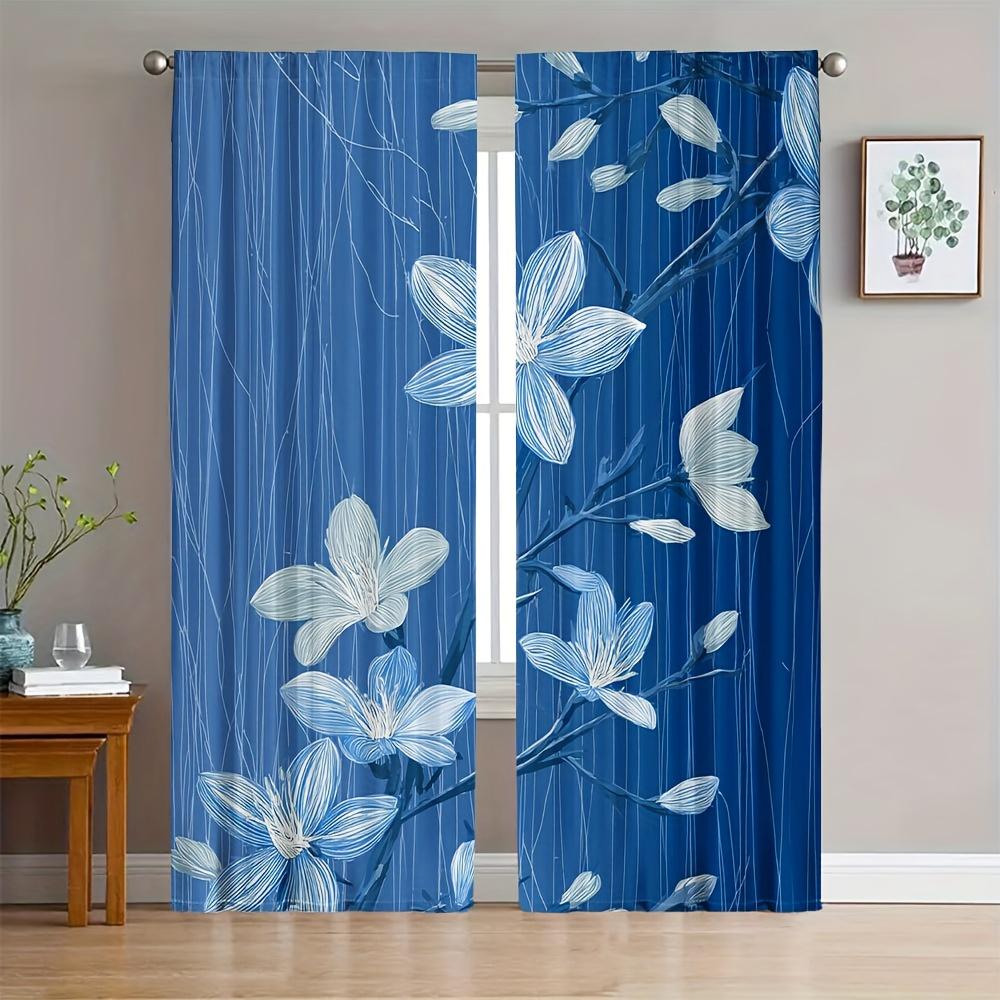 2pc Luxurious Blue Floral Pattern Curtains for Living Room Window Drapery Abstract Botanical Leaf Design Modern Home Decor Aesth 60×150cm