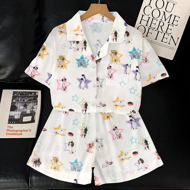 Happy Stars Cartoon Ice Silk Pajamas Women'S Summer High-End Loungewear Short-Sleeved Set